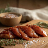 raw Sticky-BBQ marinated chicken mini fillets on a board with glaze and herbs – The Black Farmer.