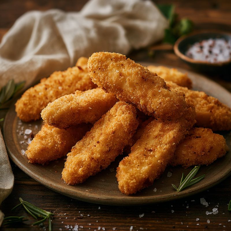 Chicken Goujons 1kg — golden breaded chicken strips on a plate with herbs.