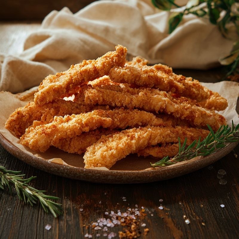 Crispy Shredded Chicken 900g — golden battered chicken fillet strips on plate with herbs.