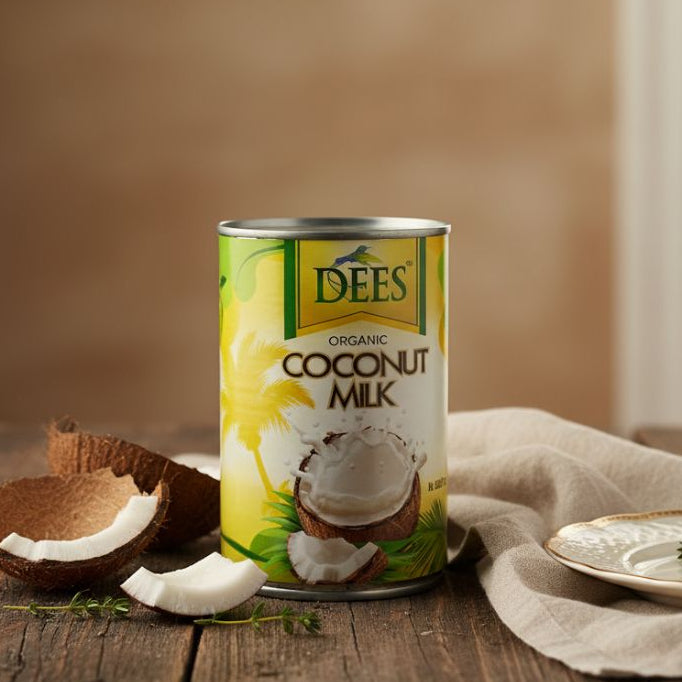 Can of Dees Organic Coconut Milk with coconuts and a plate on a wooden surface