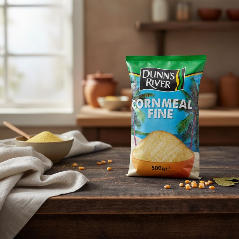 Dunn's River cornmeal package on a wooden table with a kitchen background