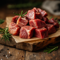 A close-up photograph of diced goat and mutton meat, showing distinct cuts—goat meat appears darker and leaner while mutton pieces are lighter with visible marbling—arranged on parchment paper over a rustic wooden board with rosemary and salt scattered around.