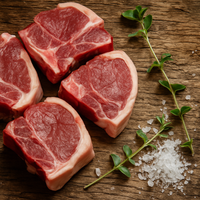 Four raw lamb loin chops arranged on a rustic wooden surface, free from seasoning or garnish.