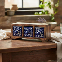 Mango Wood and Ceramic 3-Drawer Jewellery Box Blue Daisy