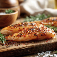 Raw hot-and-spicy chicken breast fillets on a board with chillies and herbs – The Black Farmer.