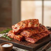 Stack of seasoned raw meat on a wooden cutting board with herbs and salt.