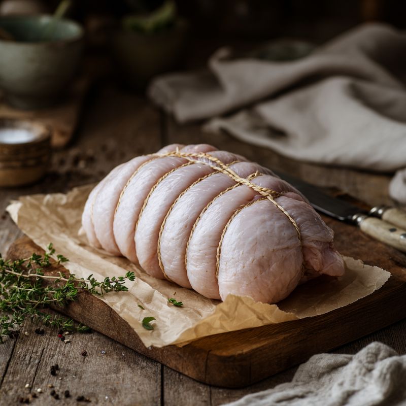 Boneless rolled turkey breast crown filled with gluten-free sage and onion stuffing, ready for roasting — The Black Farmer.