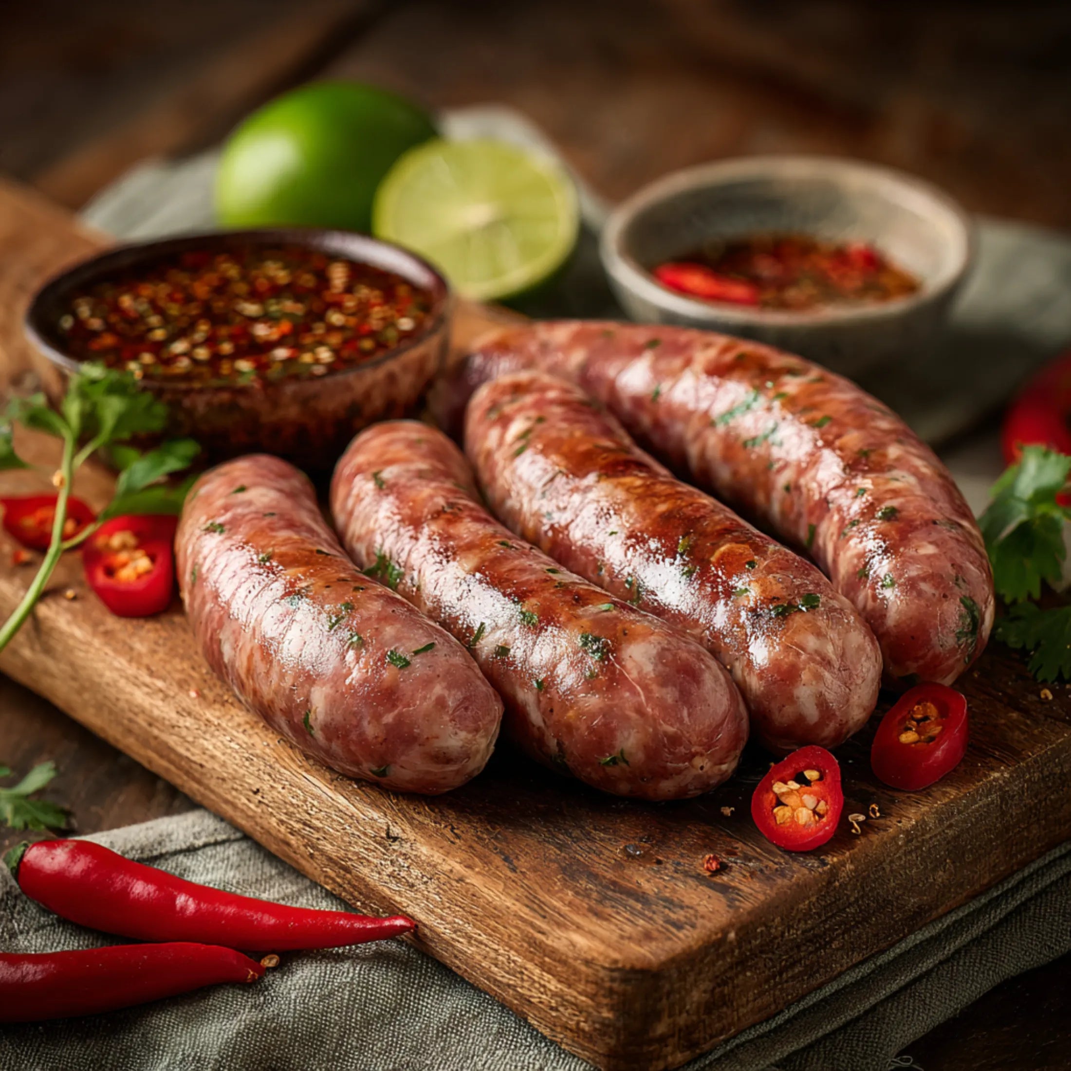 Three raw sausages on a wooden cutting board with limes, hot peppers, and a bowl of spices.