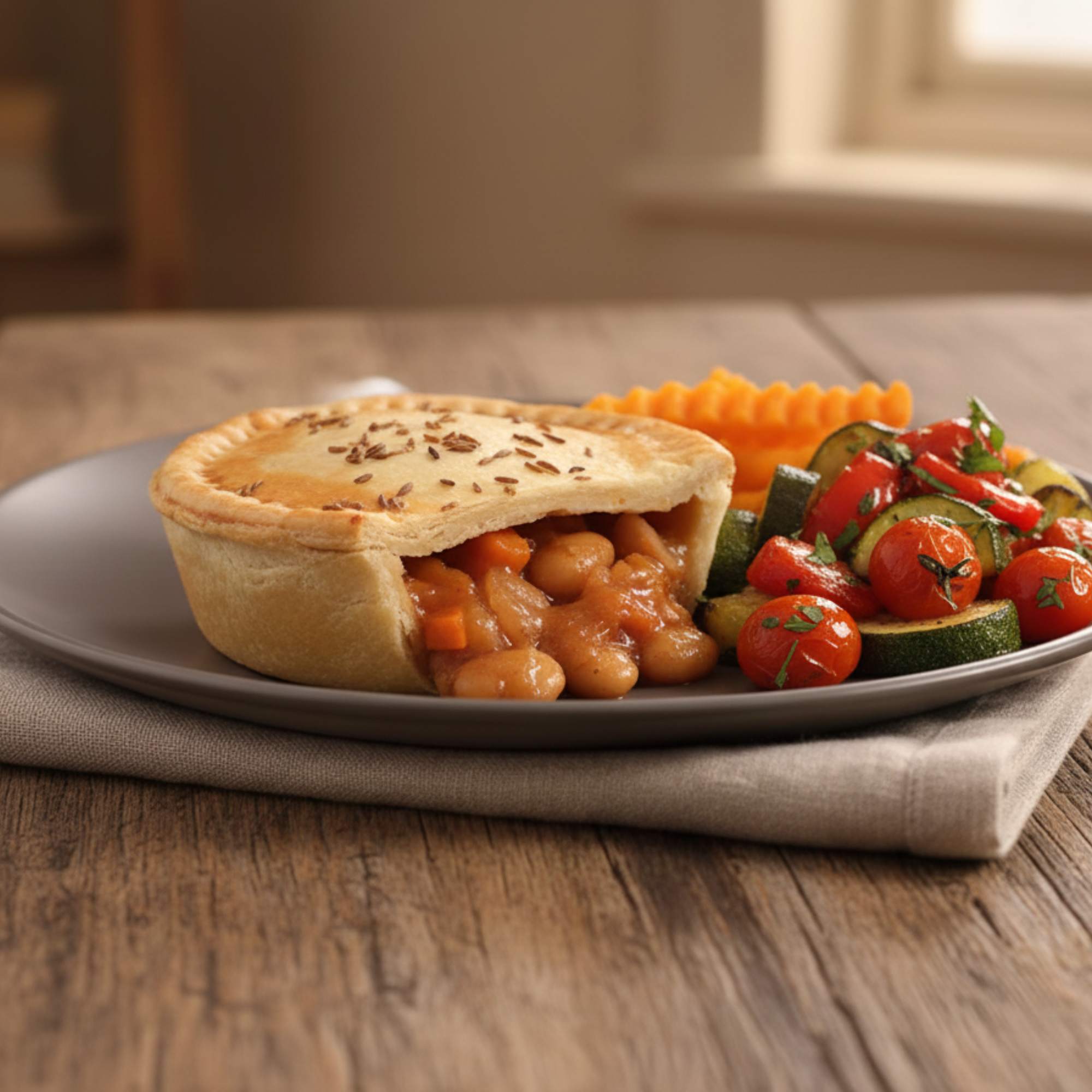 Vegetable pie on a plate with vegetables on a wooden table