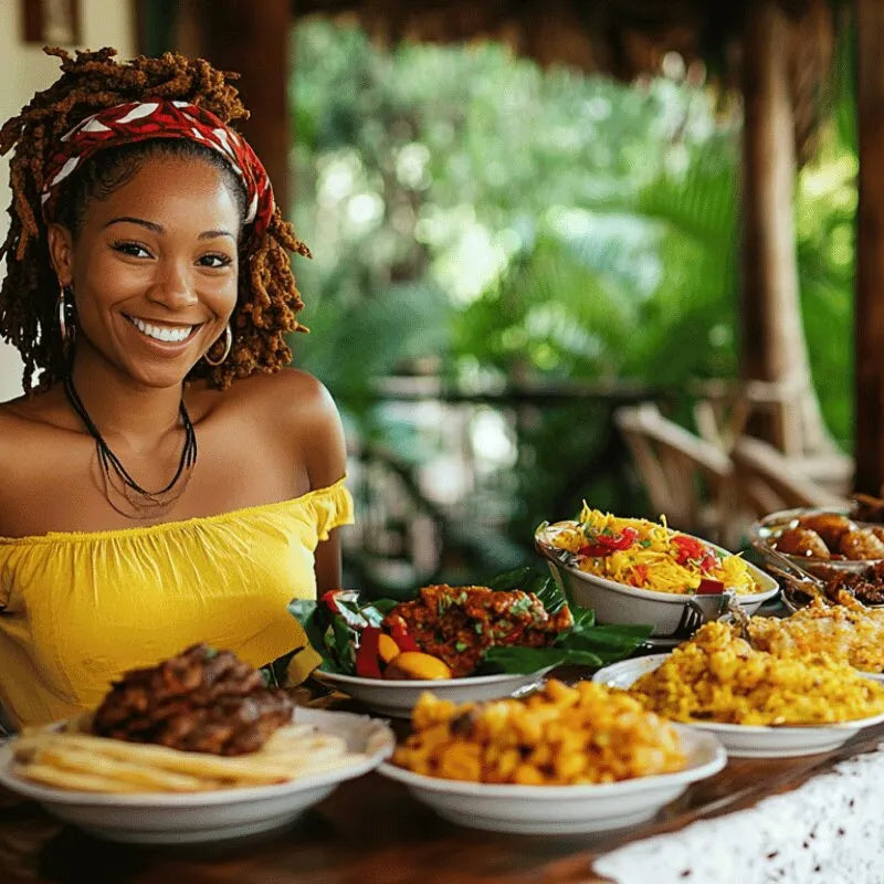 Woman in a yellow top standing next to a table with various dishes outdoors.