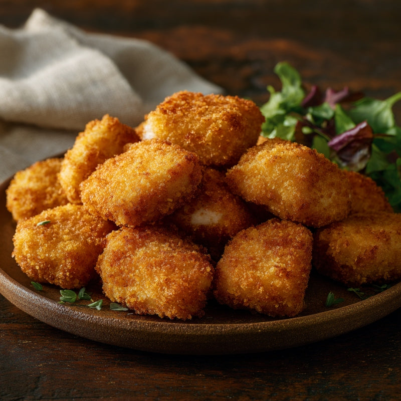 Breaded Chicken Chunks 1kg — golden crispy chicken bites on a plate with salad.