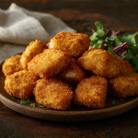 Breaded Chicken Chunks 1kg — golden crispy chicken bites on a plate with salad.