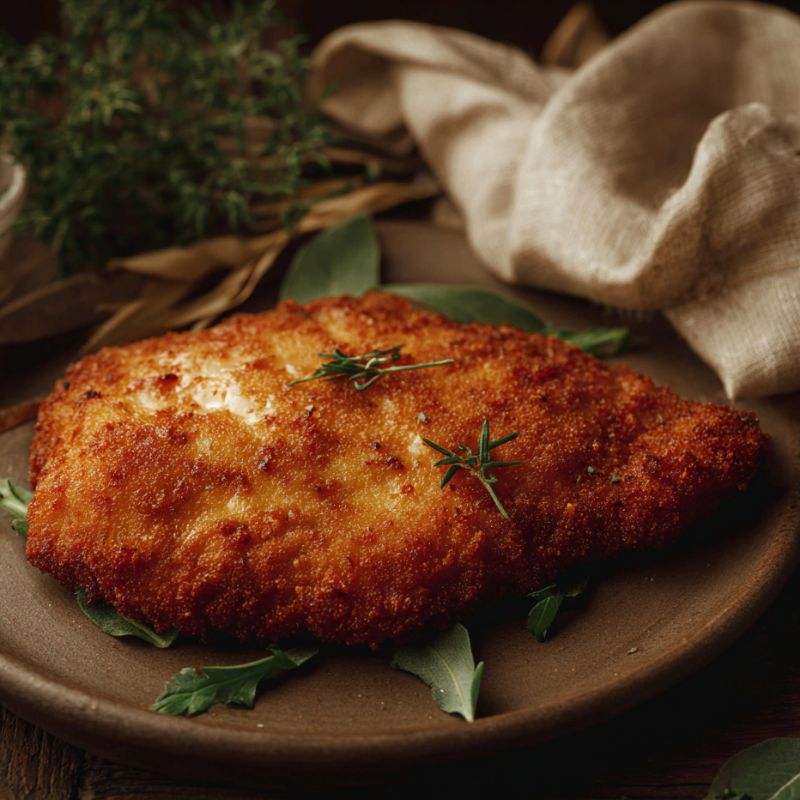 Golden-brown Chicken Schnitzel resting on parchment paper over a rustic wooden board, garnished with fresh herbs, arugula leaves, and peppercorns under warm, natural lighting
