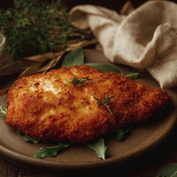 Golden-brown Chicken Schnitzel resting on parchment paper over a rustic wooden board, garnished with fresh herbs, arugula leaves, and peppercorns under warm, natural lighting
