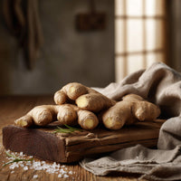 Ginger roots on a wooden board with a rustic background