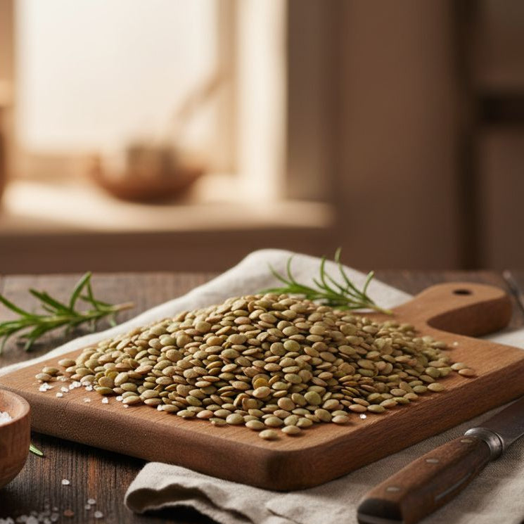 Wooden cutting board with green seeds on a wooden table