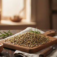 Wooden cutting board with green seeds on a wooden table