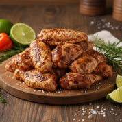 Stack of raw chicken wings marinated with jerk seasoning on a wooden board with limes and rosemary.