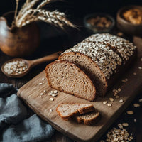 Freshly baked wholemeal bread loaf topped with oats, sliced on a wooden cutting board, surrounded by rustic decor including wheat stalks and a wooden spoon of grains. Perfect for healthy meals and sandwiches.