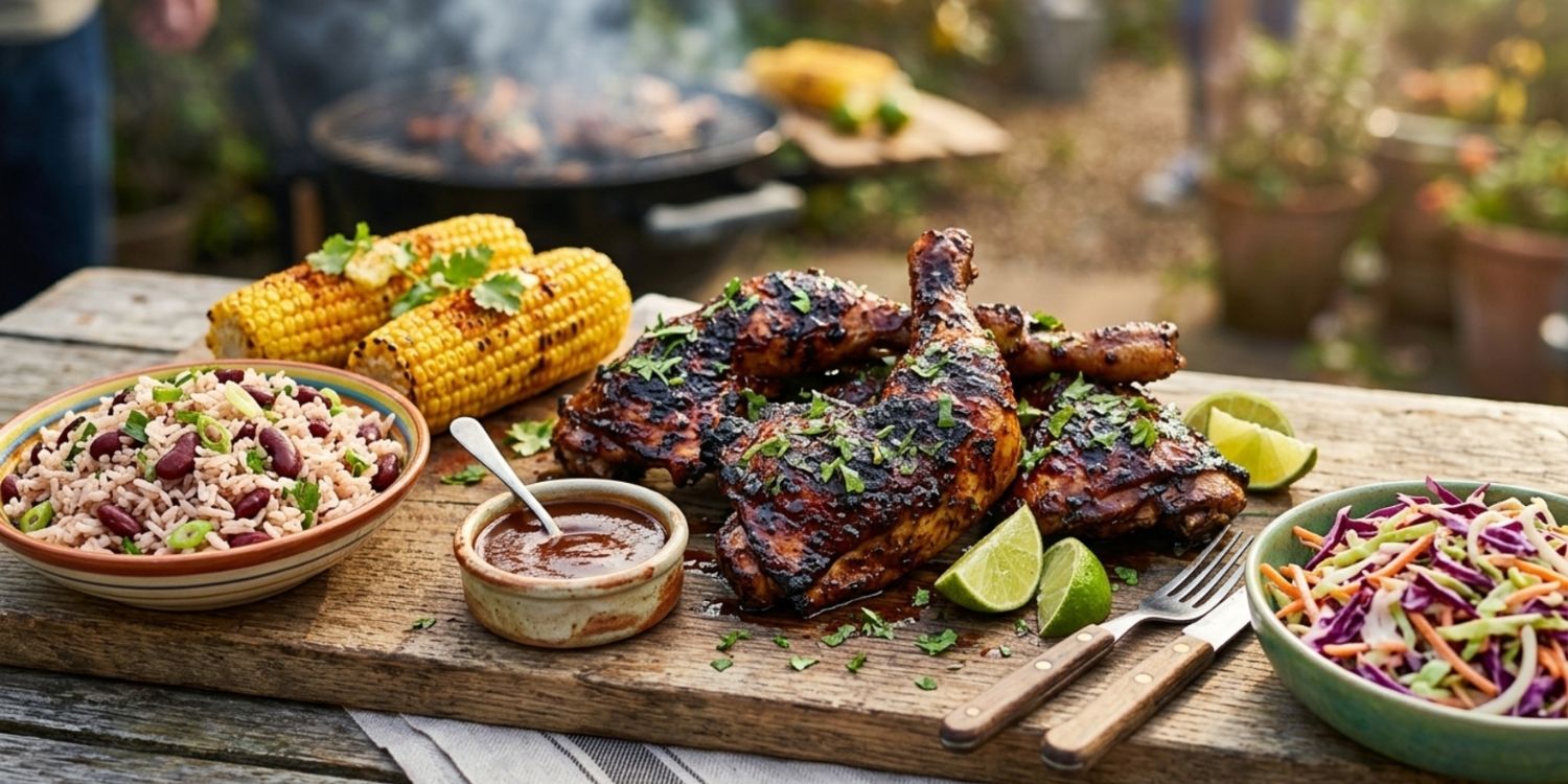 BBQ jerk chicken with charred, spiced coating cooked on a summer grill