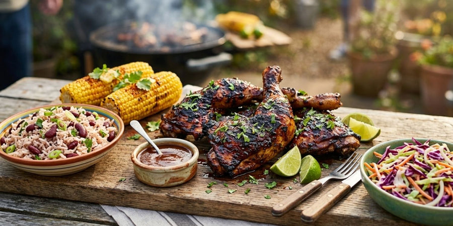 BBQ jerk chicken with charred, spiced coating cooked on a summer grill