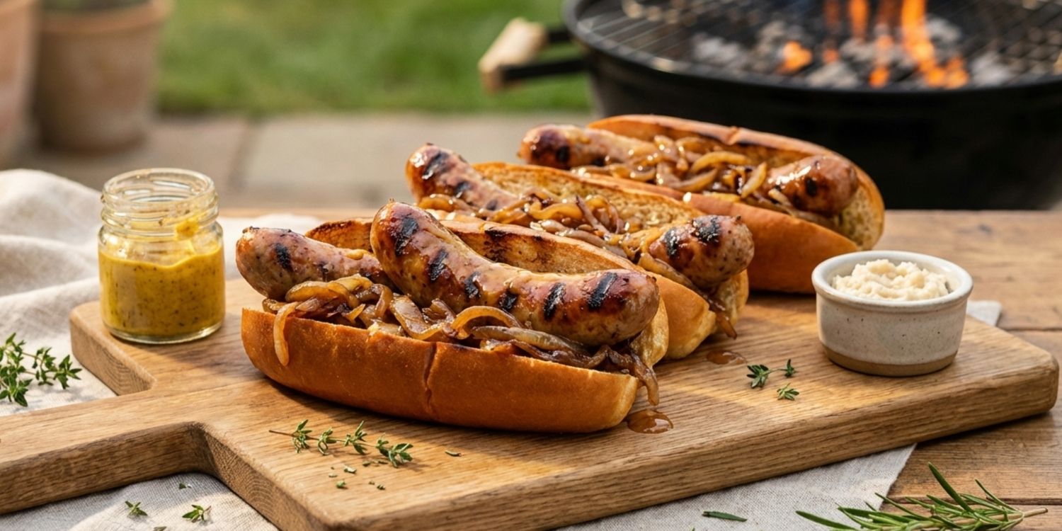 Grilled Cumberland sausages cooking on a BBQ with a golden, smoky finish