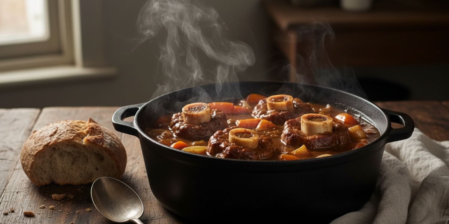 British oxtail stew slow-cooked in rich gravy, served as traditional comfort food