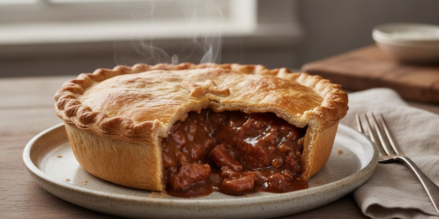 Golden British steak and kidney pie with rich beef filling and crisp pastry top