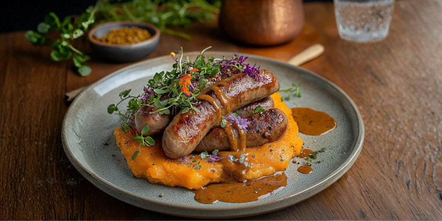 Cumberland sausages served with sweet potato mash and mustard sauce, a comforting sausage recipe ready to enjoy