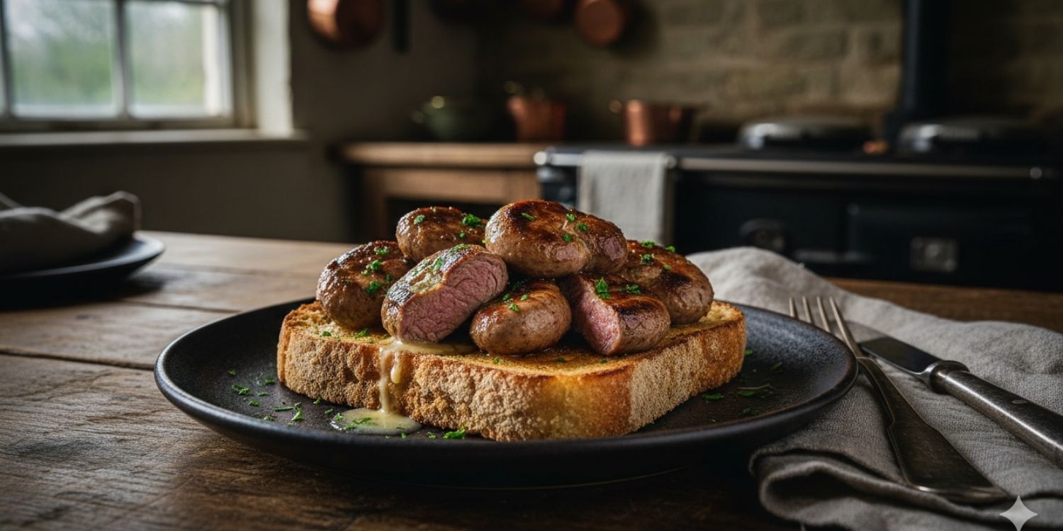 Grilled lamb kidneys served on thick-cut toast with butter and seasoning, classic British breakfast style