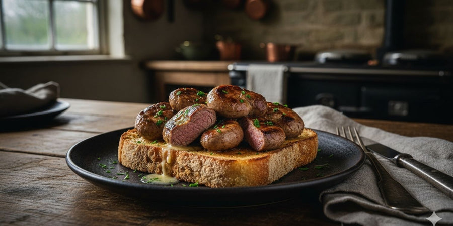 Grilled lamb kidneys served on thick-cut toast with butter and seasoning, classic British breakfast style