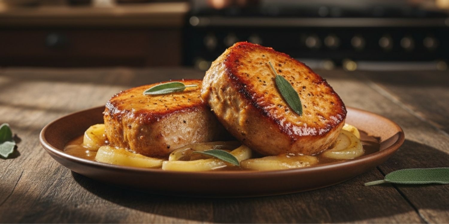 Oven-baked pork shoulder steaks with apple, sage and rich gravy served hot and tender