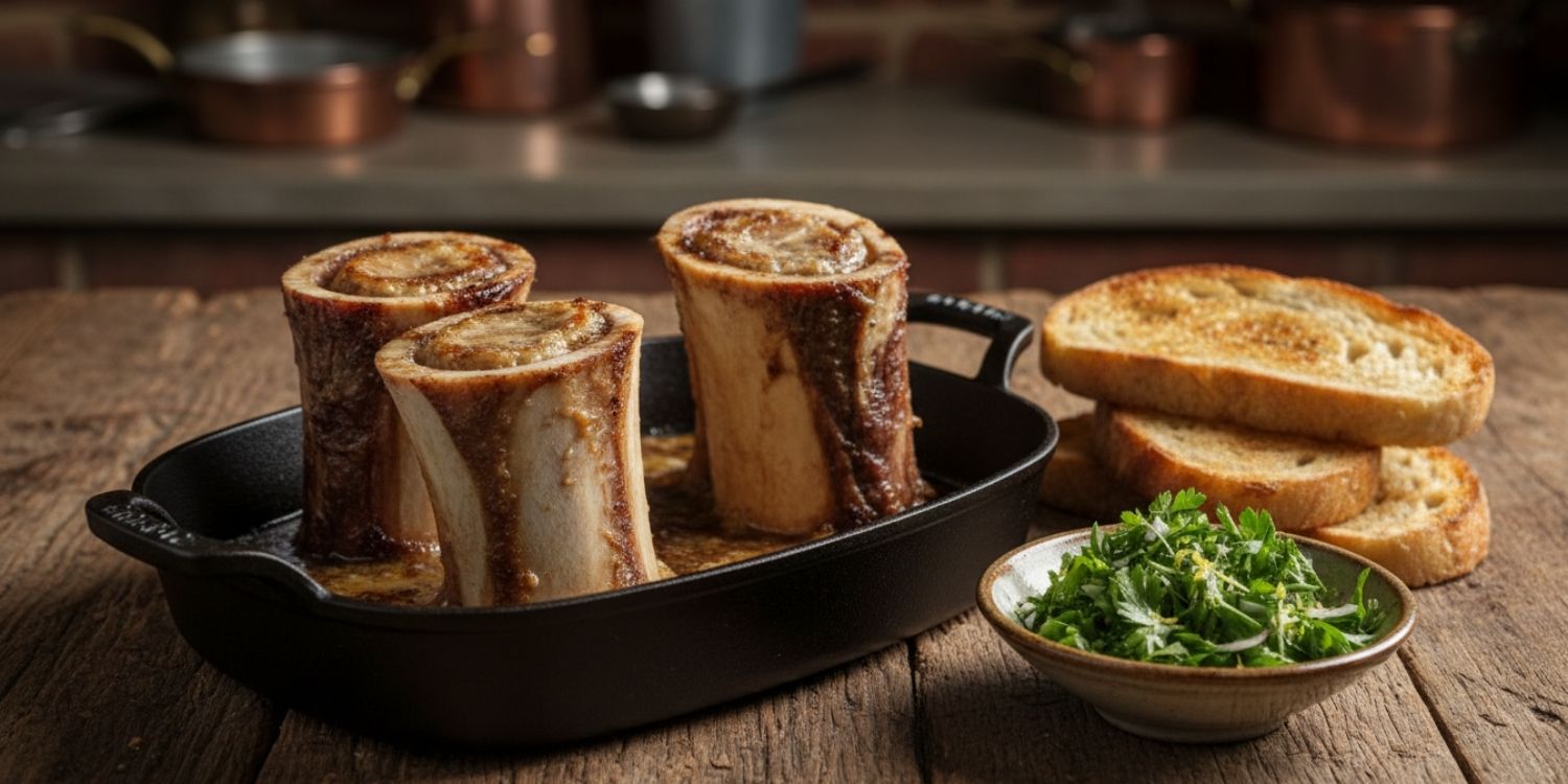 Roasted beef bone marrow served on crisp golden toast, ready to scoop and spread