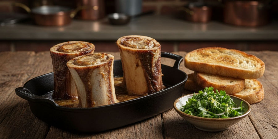 Roasted beef bone marrow served on crisp golden toast, ready to scoop and spread