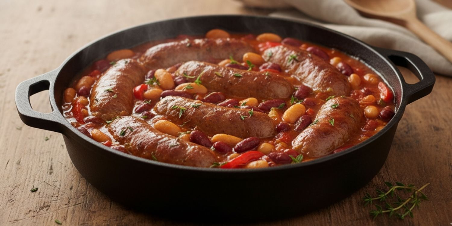 Hearty sausage and bean stew in a rustic bowl with rich tomato sauce and warming Caribbean spices