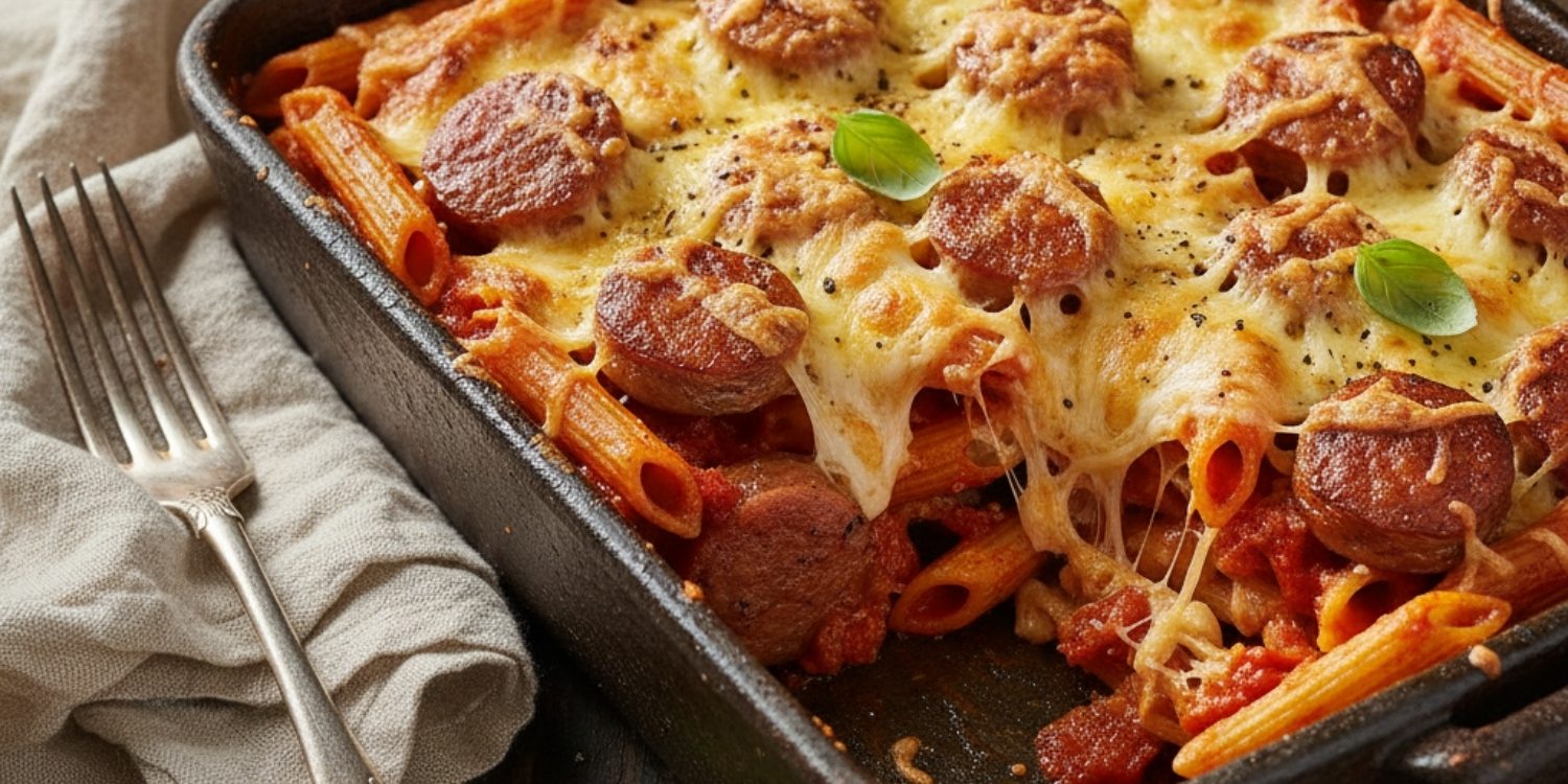 Spicy sausage pasta bake with tomato sauce and baked pasta served as a comforting family meal