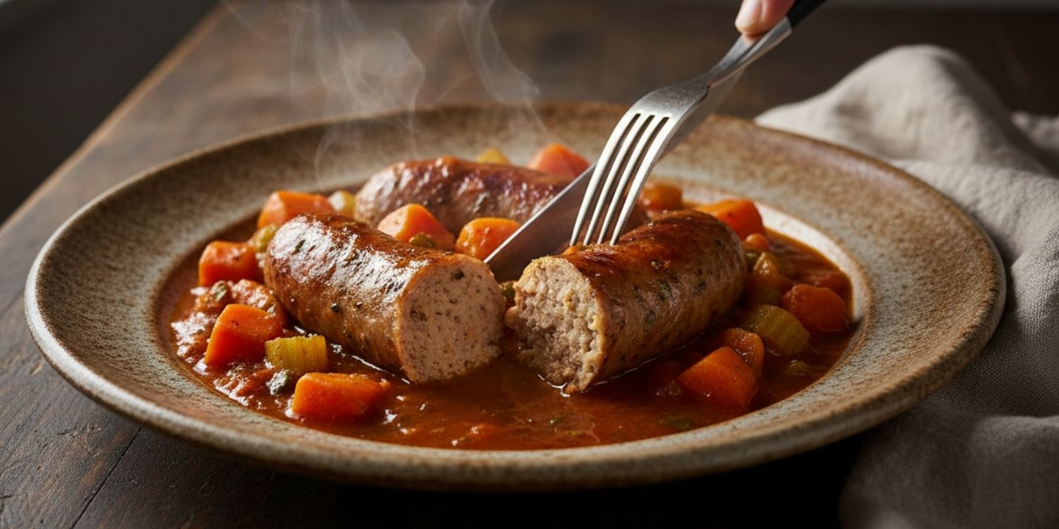 Slow cooker chicken sausage casserole with herbs in rich savoury gravy