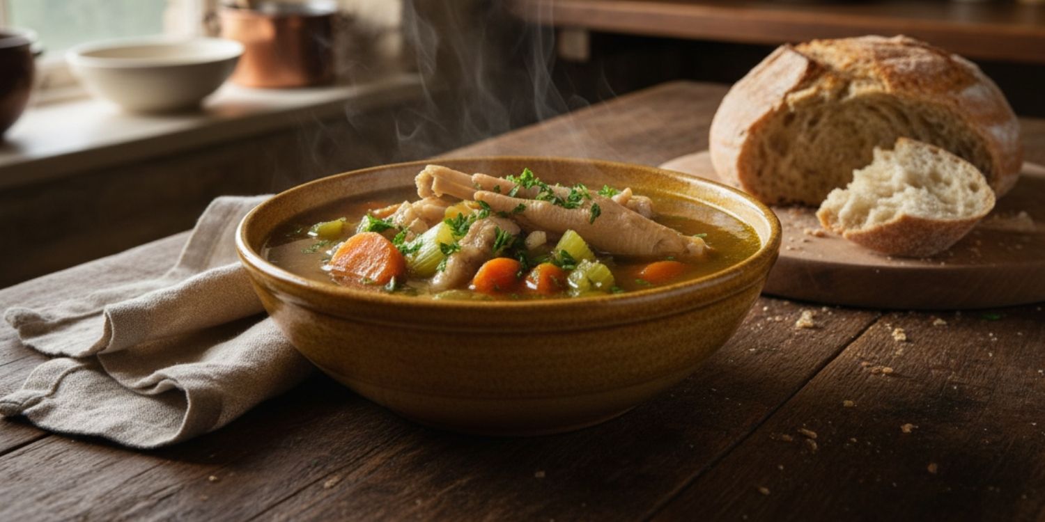 Clear traditional chicken feet broth served hot in a bowl, rich homemade British stock