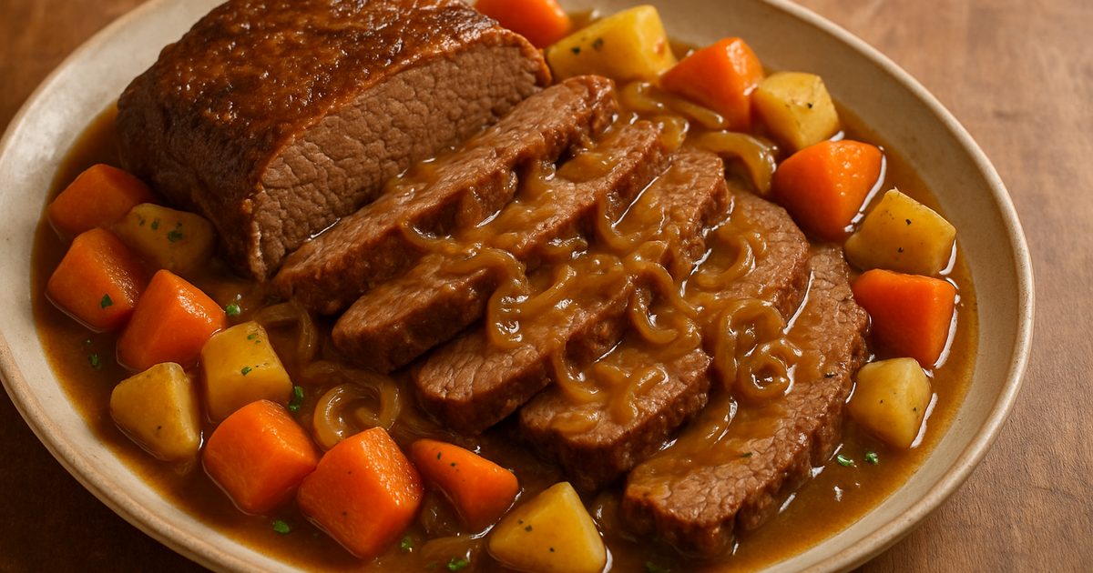 Sliced oven-braised brisket with onion gravy, carrots, parsnips and parsley