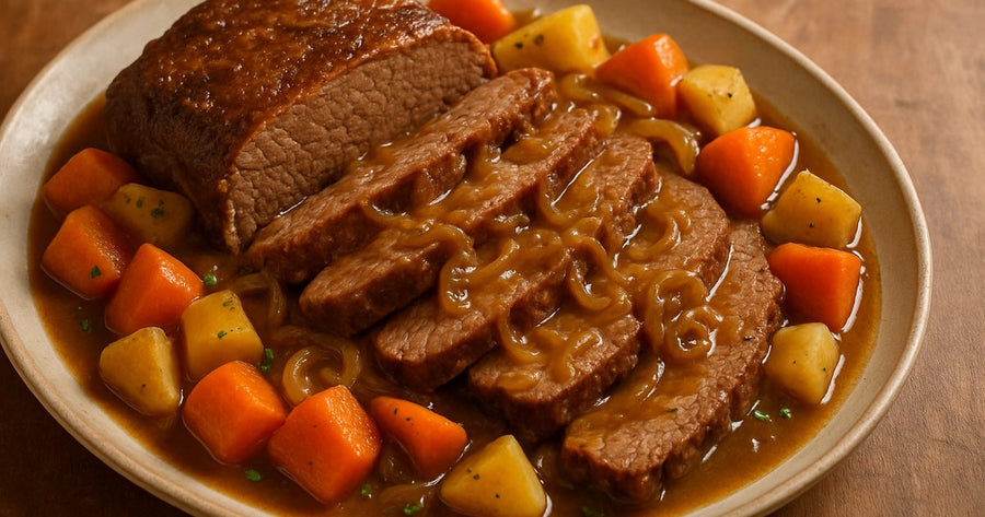 Sliced oven-braised brisket with onion gravy, carrots, parsnips and parsley