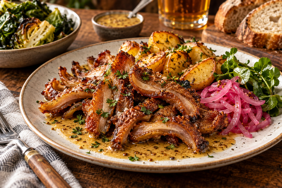 Crispy cooked pig ears with mustard and cider sauce