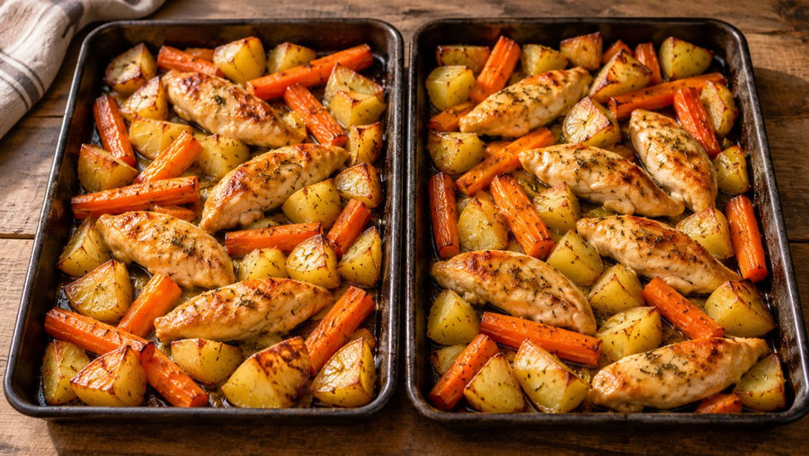 Glazed honey-mustard chicken mini fillets with roasted potatoes and carrots in two trays