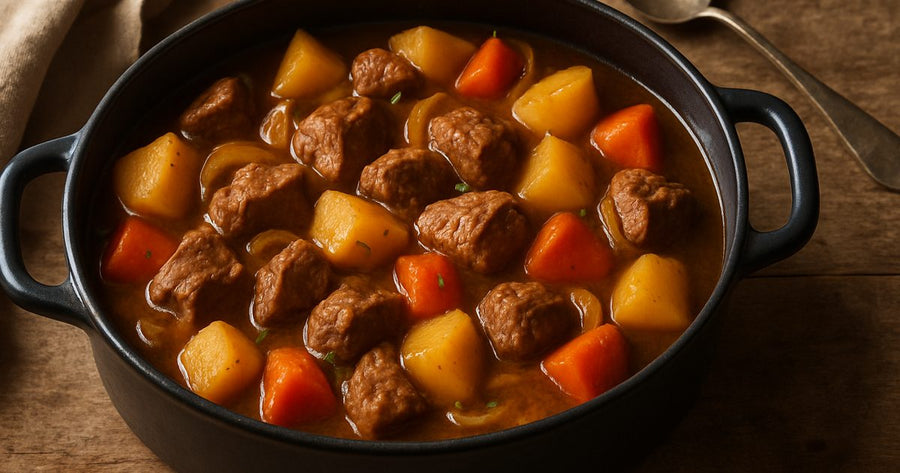 Boneless lamb neck stew with potatoes, carrots and onions in a savoury broth