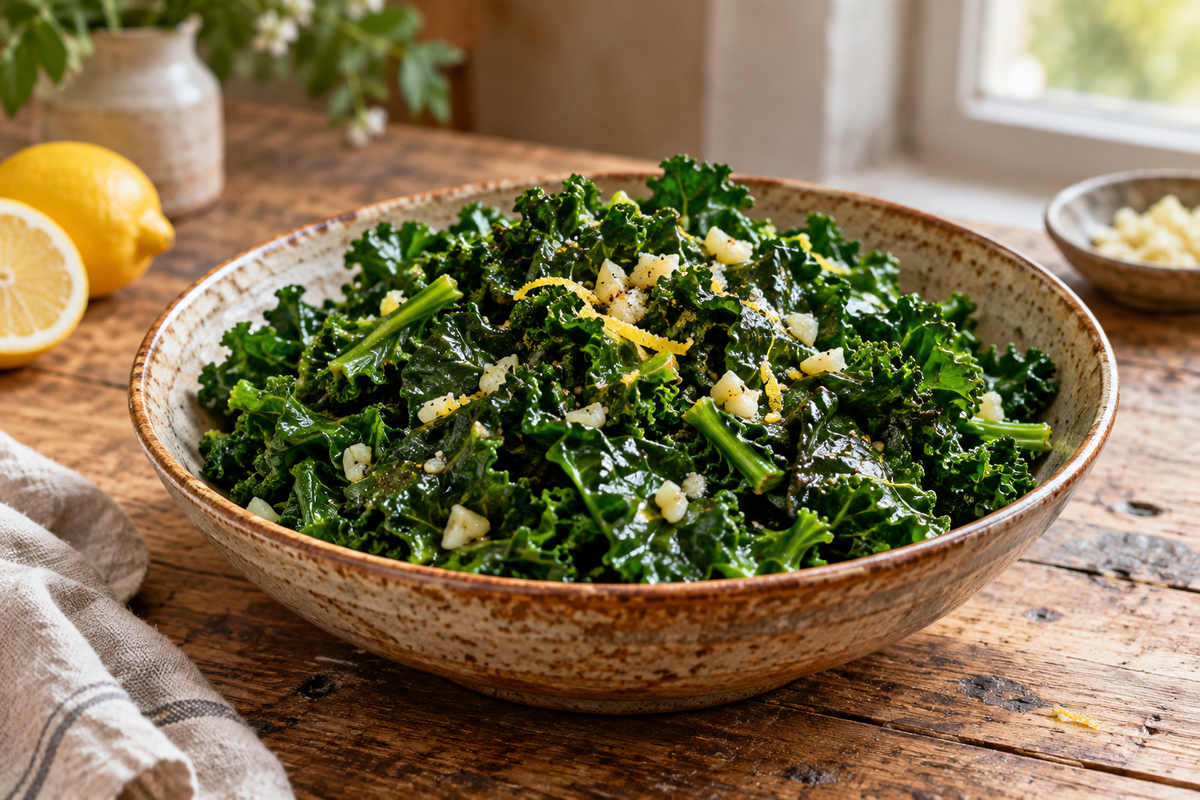 Garlic butter kale with lemon in a serving bowl