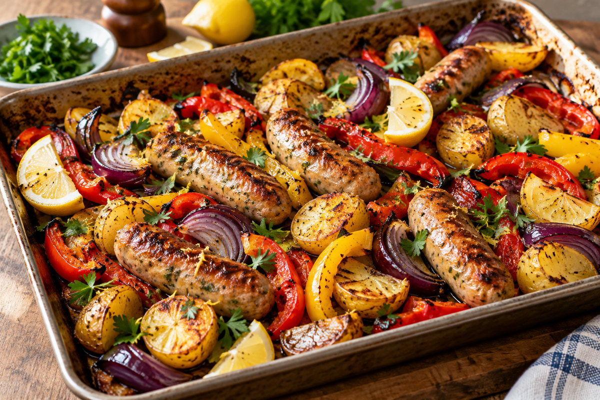 Turkey sausage and pepper traybake with potatoes