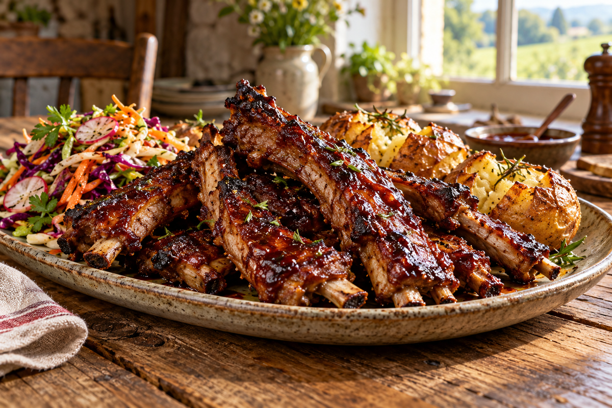Sticky glazed lamb ribs with slaw