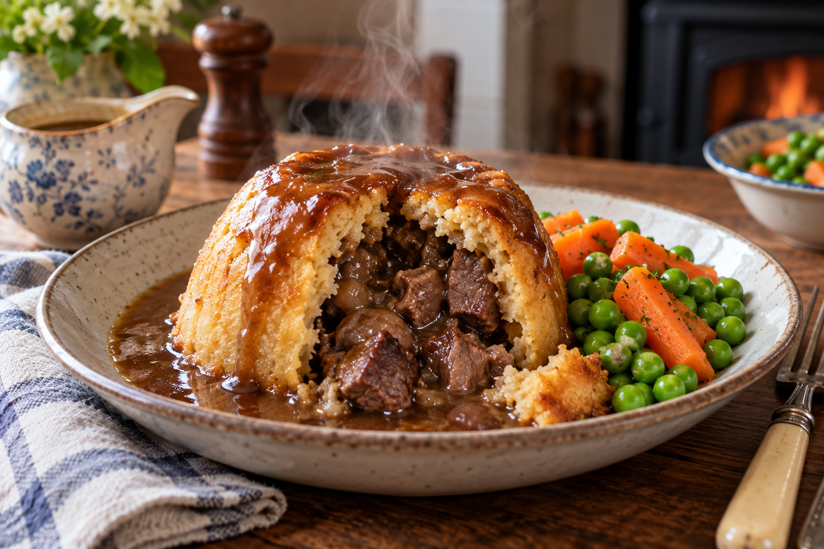 Steak and kidney suet pudding with gravy and vegetables