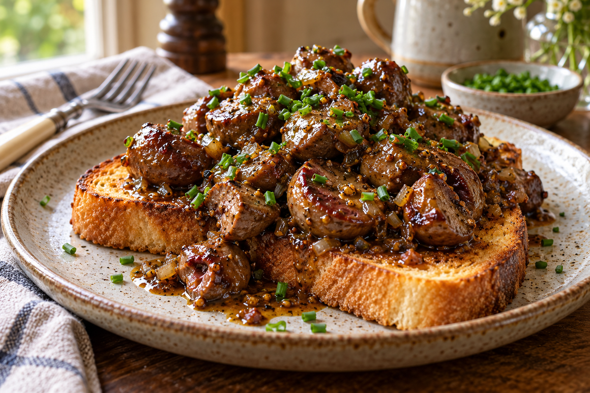 Devilled lamb kidneys in mustard sauce on golden toast