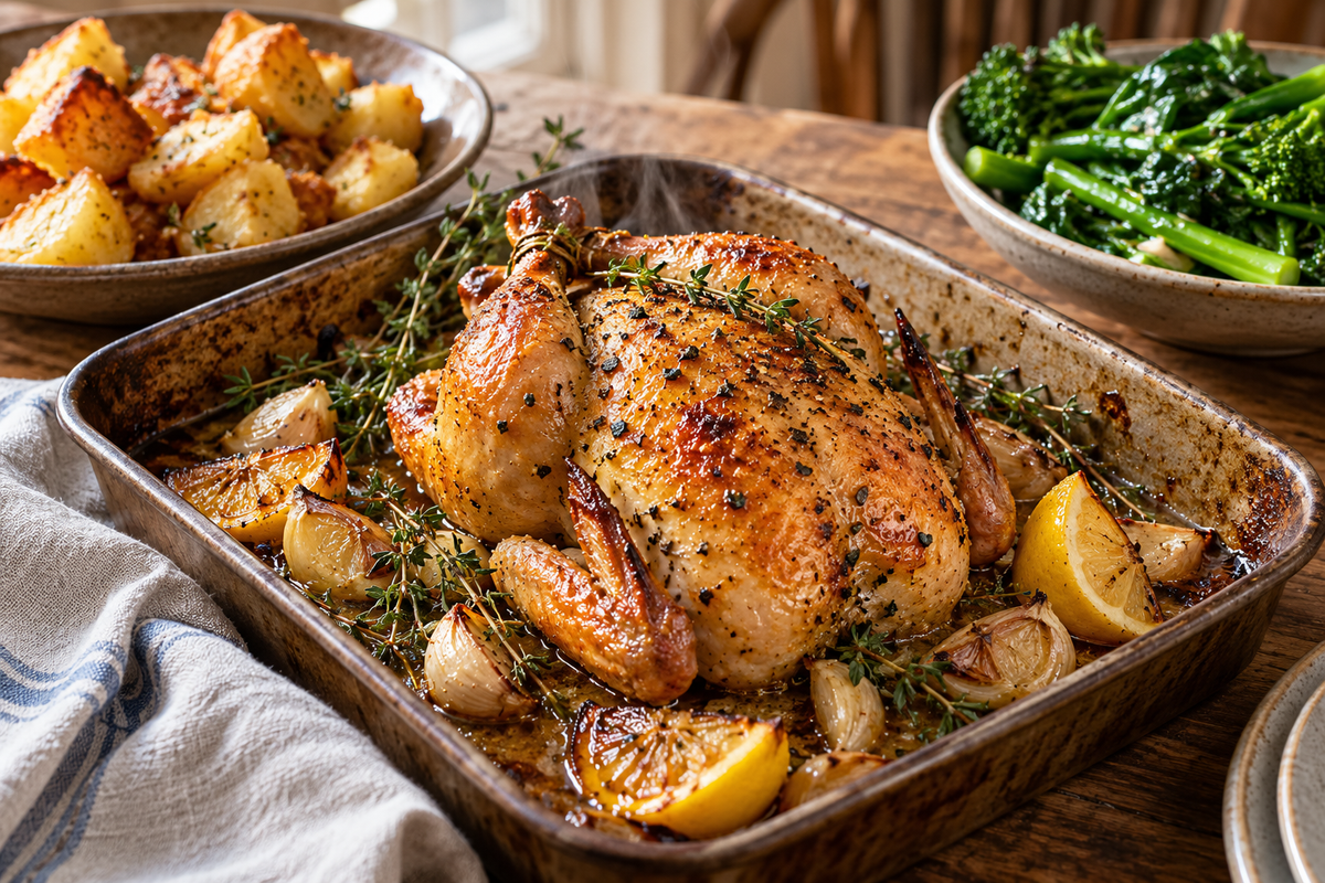 Roast whole poussin with crisp golden skin, garlic, thyme and lemon