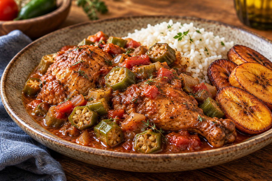 Caribbean-style chicken and okra stew in warmly spiced tomato gravy